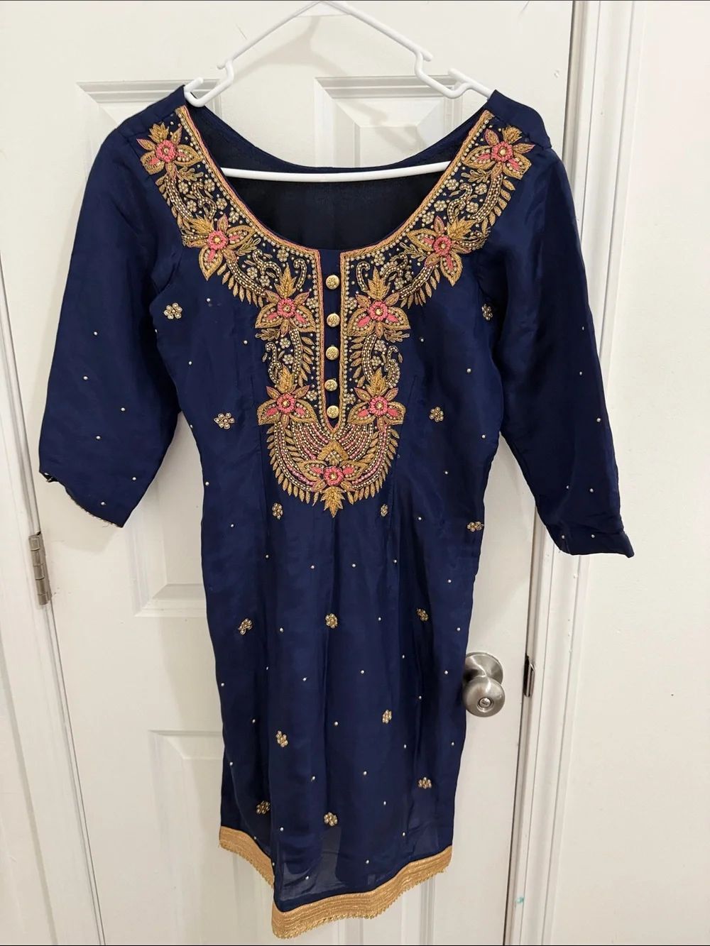 Navy Blue Embroidered Tunic with Gold & Pink Accents